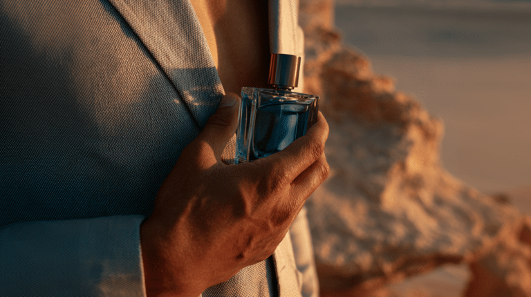 Homem com frasco de perfume na mão