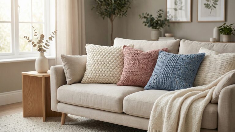Sala de estar com almofadas de croche artesanal em diferentes designs sobre sofa neutro, mesa lateral em madeira clara e vaso ceramico