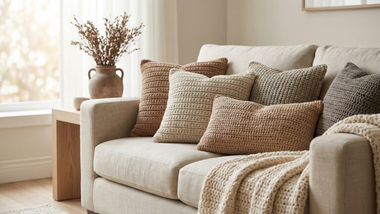 Sala de estar aconchegante com almofadas de croche artesanais em tons diversificados sobre sofa de linho com manta e decoracao natural