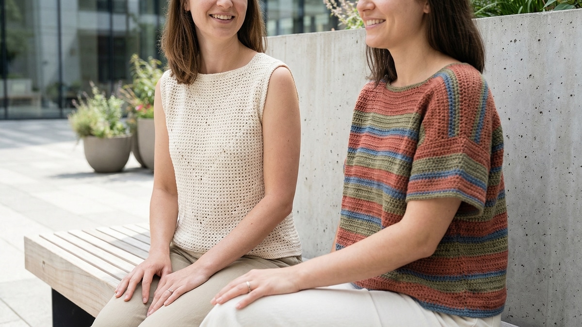 Duas mulheres sorrindo usando blusas de croche em diferentes cores em ambiente urbano com banco de madeira