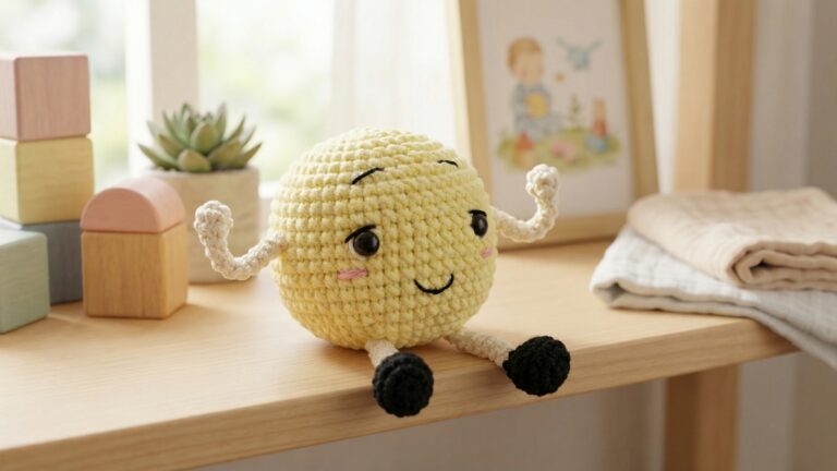 Amigurumi de pao de queijo em croche amarelo pastel com expressao fofa em cenario de decoracao infantil