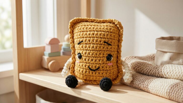 Amigurumi artesanal de pastelzinho em croche com corpo dourado mostarda e membros bege, posicionado em ambiente infantil com decoracao suave e luz natural