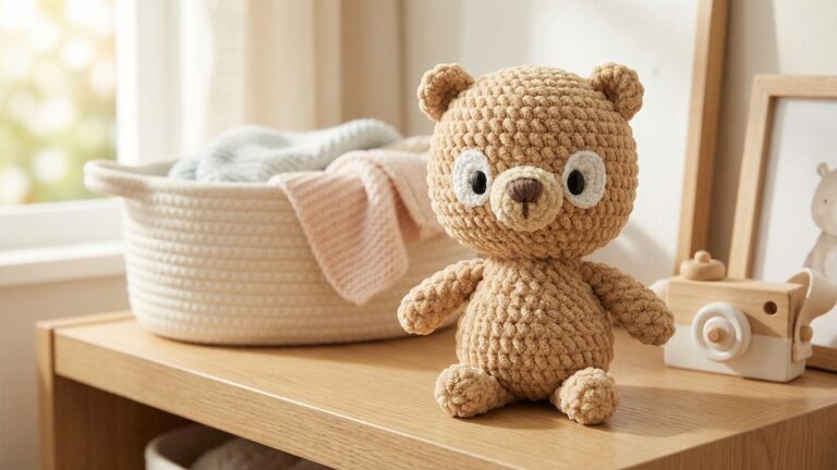 Amigurumi artesanal de ursinho cookie em tom bege felpudo com textura macia em cenario de quarto infantil acolhedor