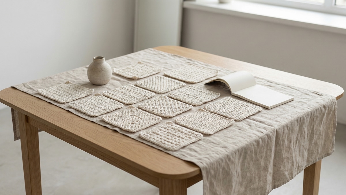 Atelie artesanal com amostras de croche off-white apresentando diferentes texturas de pontos sobre mesa de madeira clara