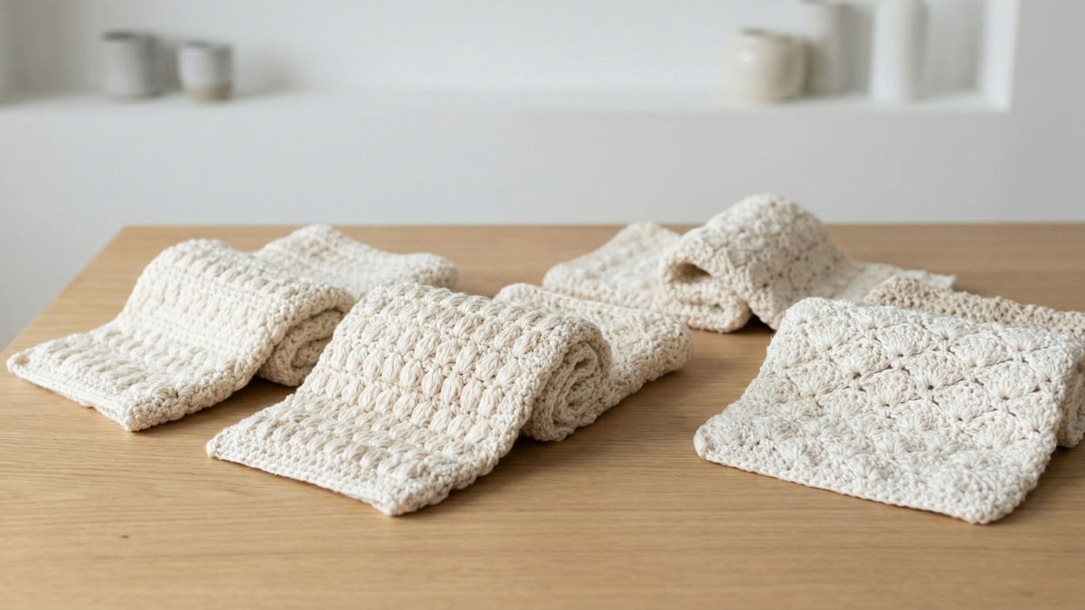Atelie minimalista com amostras de pontos de croche fantasia em tons cru e off-white sobre mesa de madeira clara