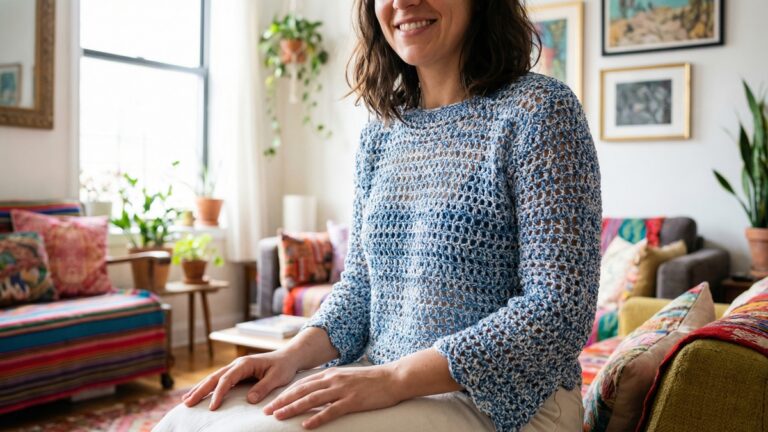 Mulher sorrindo usando blusa artesanal de croche em azul e branco com trama delicada em ponto aberto, sala de apartamento com decoracao criativa e luz natural