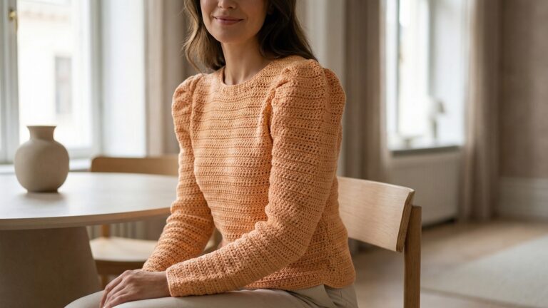 Mulher sorrindo usando blusa de croche artesanal laranja claro com mangas estruturadas em ambiente interno sofisticado com luz natural