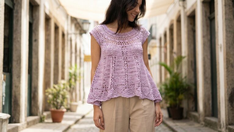 Mulher em ambiente urbano usando blusa de croche artesanal lilas com calca alfaiataria neutra
