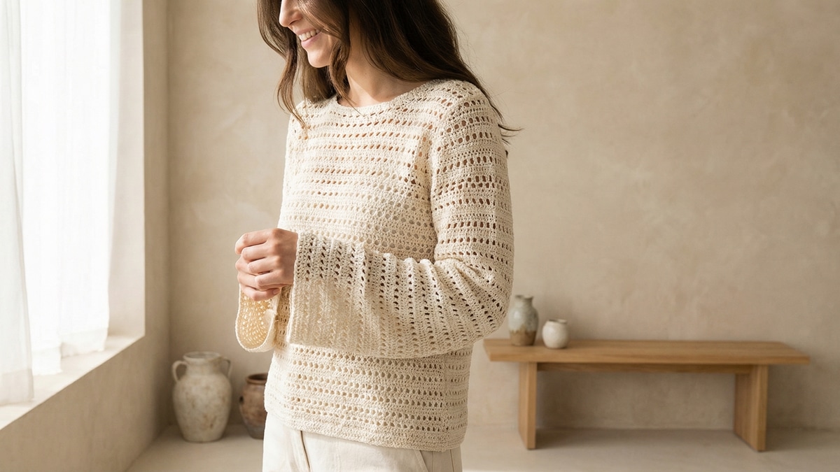 Mulher usando blusa de croche artesanal off-white em estudio minimalista com luz natural e elementos em madeira clara