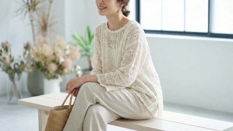 Mulher usando blusa de croche off-white artesanal em estilo minimalista com calca de linho neutra e bolsa natural