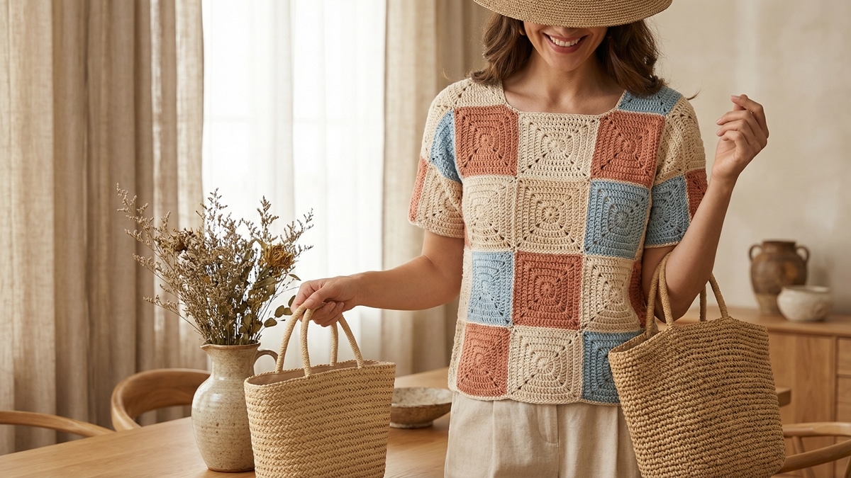 Mulher usando blusa de croche artesanal com squares coloridos em tons naturais, bege, terracota e azul claro em ambiente boho elegante