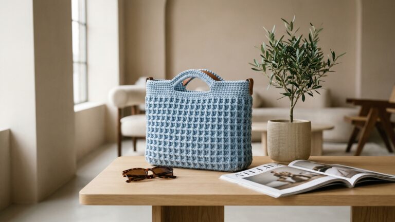 Bolsa estruturada de croche azul claro artesanal sobre mesa de madeira com acessorios de moda e planta decorativa