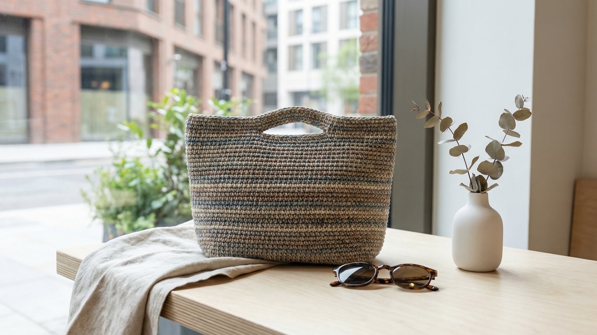 Bolsa de croche estruturada artesanal sobre madeira clara com oculos de sol e elementos decorativos minimalistas