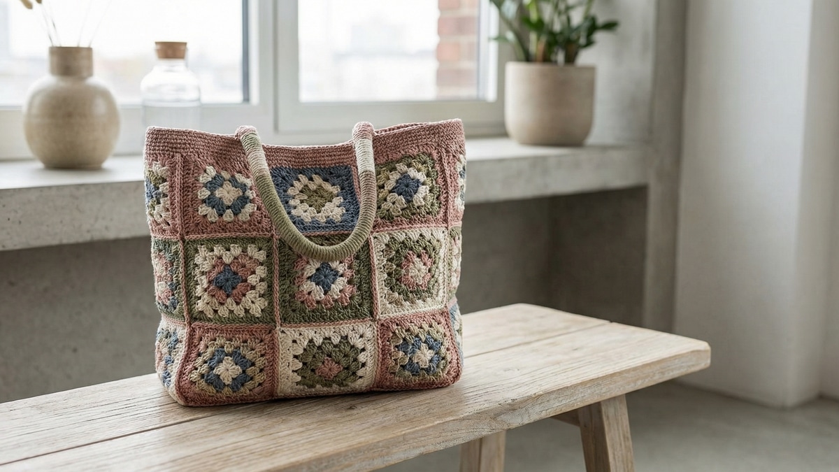 Bolsa de croche artesanal com granny squares em tons elegantes apoiada sobre banco de madeira clara em ambiente urbano moderno