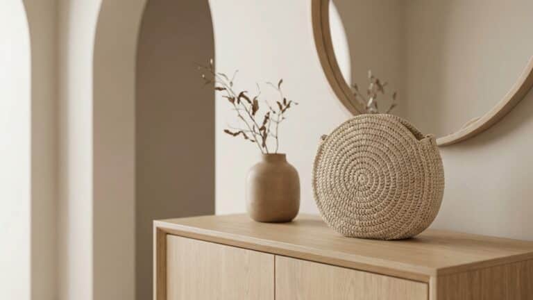Bolsa redonda artesanal de croche em bege natural com trama firme posicionada sobre aparador de madeira clara em hall de entrada contemporaneo com luz natural