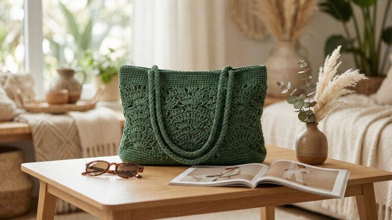 Bolsa de croche verde artesanal apoiada sobre mesa de madeira com acessorios de moda e flores secas em ambiente elegante