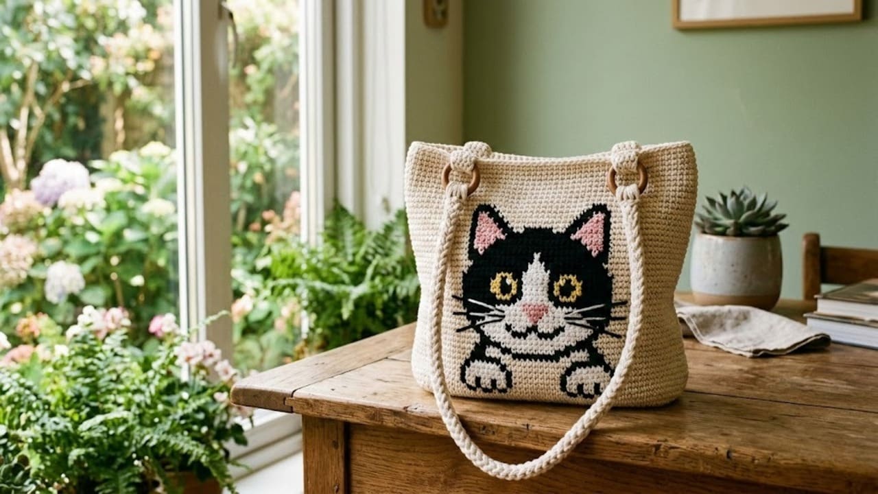Veja inspirações de bolsa de crochê com ponto conduzido para os apaixonados por gatos