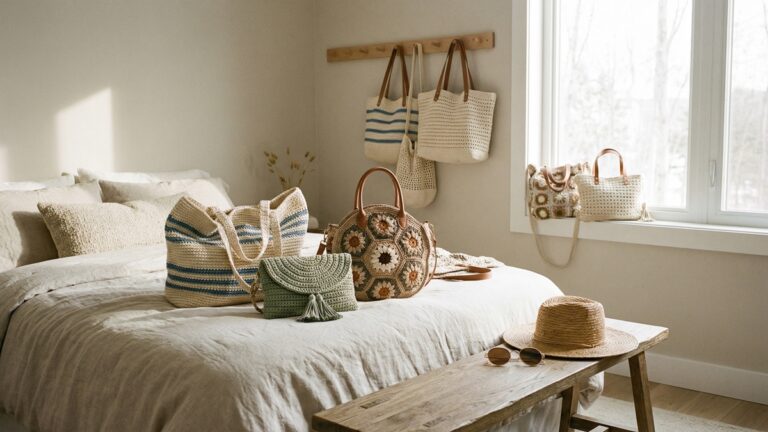 Bolsas de croche artesanais em diferentes estilos sobre cama com chapeu de palha e oculos em quarto feminino moderno