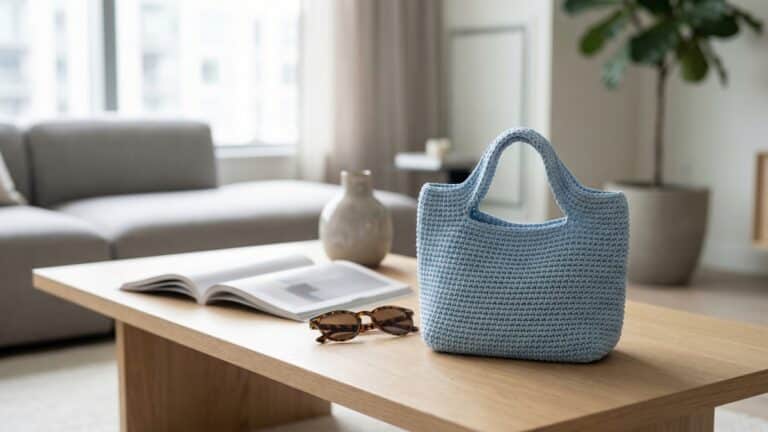 Bolsinha de croche artesanal azul claro sobre mesa de cafe com oculos de sol e revista em ambiente urbano