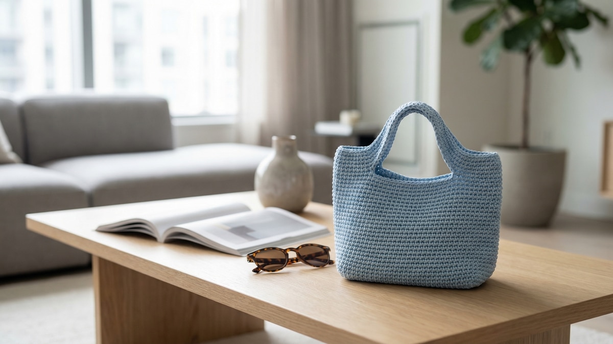 Bolsinha de croche artesanal azul claro sobre mesa de cafe com oculos de sol e revista em ambiente urbano