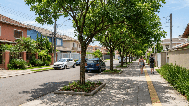 calçada residencial com árvores ornamentais