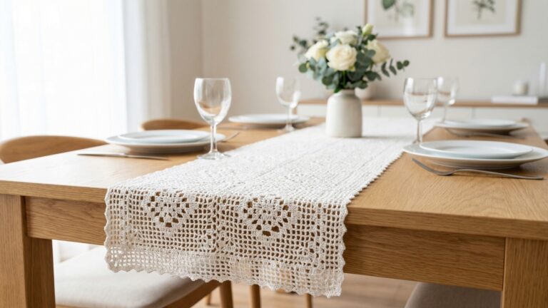 Sala de jantar elegante com caminho de mesa retangular de croche branco sobre mesa de madeira clara com louca e tacas