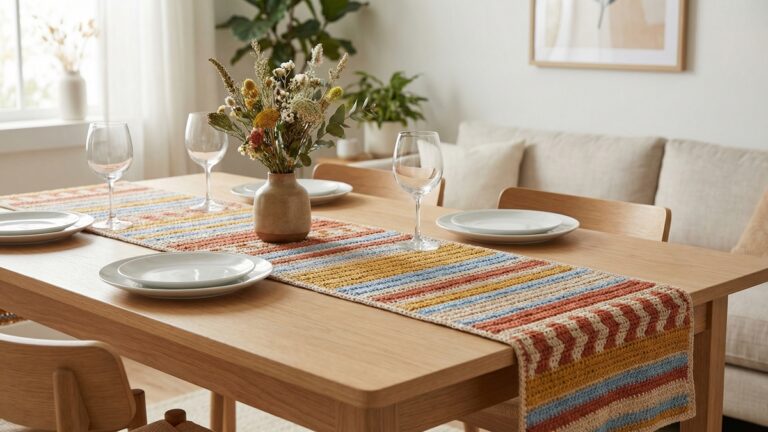 Sala de jantar acolhedora com caminho de mesa de croche colorido em tons vibrantes sobre mesa de madeira com pratos e flores