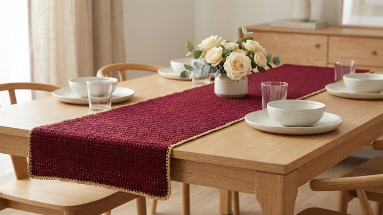 Mesa de jantar com caminho de mesa em croche vinho e dourado, acompanhado de loucas neutras e arranjo floral delicado