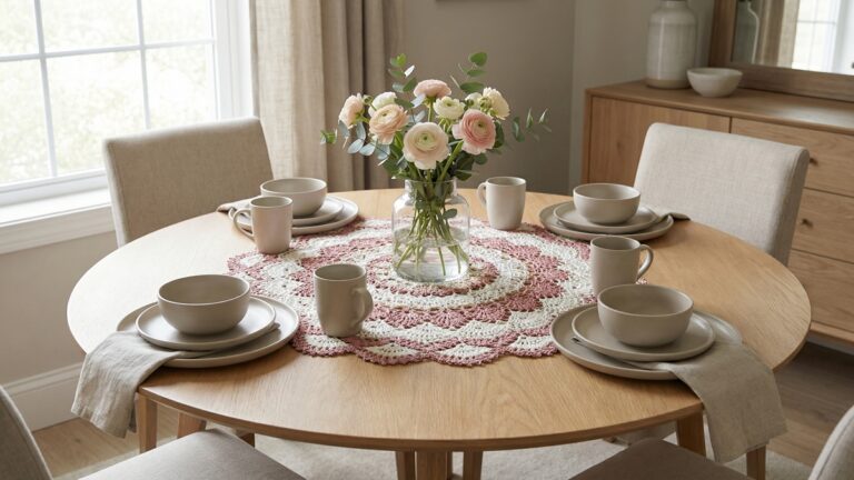 Centro de mesa redondo artesanal de croche em branco com trama delicada e detalhes rendados centralizado em mesa de jantar elegante com louca neutra e luz natural