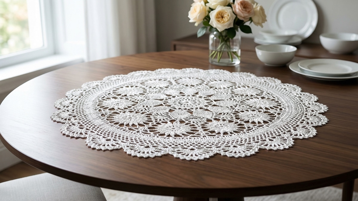 Centro de mesa redondo de croche branco em algodao egipcio com padrao rendado circular sobre mesa de madeira em sala de jantar sofisticada