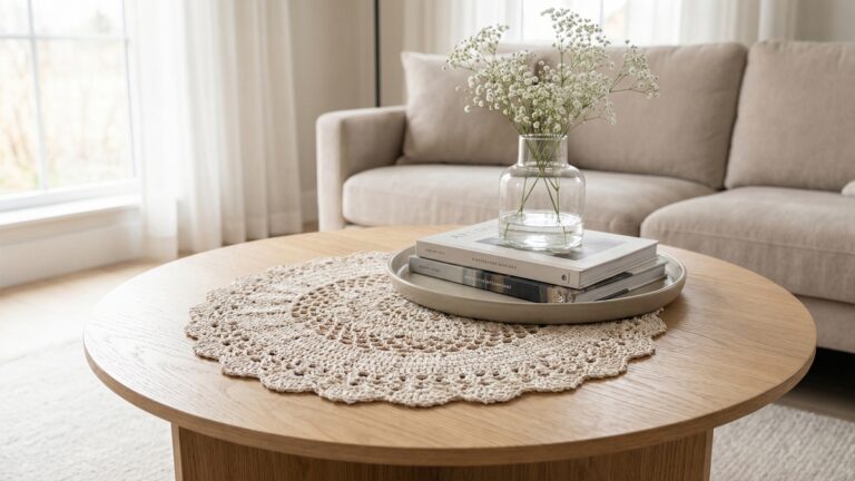 Sala de estar contemporanea com centro de mesa de croche redondo bege sobre mesa de madeira clara com flores e decoracao