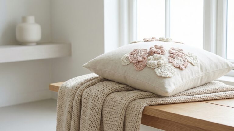 Flores artesanais de croche em tons off-white e rosa blush aplicadas sobre almofada neutra e manta em atelie minimalista com luz natural difusa