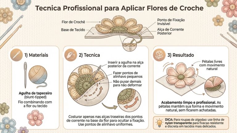 Infográfico educativo em português sobre técnica profissional para aplicar flores de crochê com acabamento invisível mostrando materiais, passo a passo e dicas de fixação
