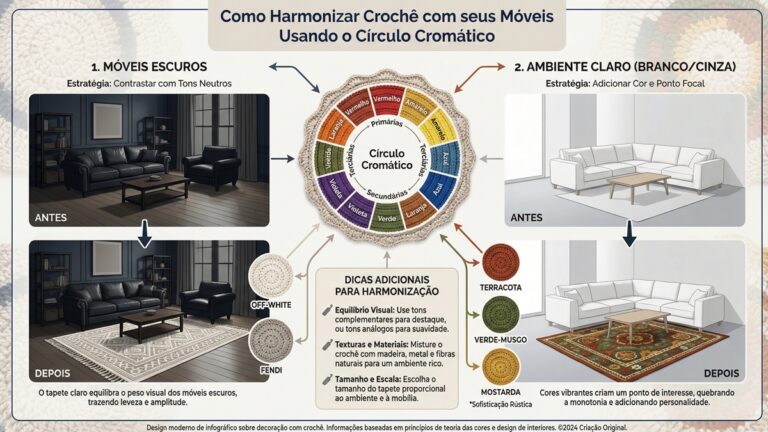 Infografico educativo em portugues sobre harmonizacao de cores de croche com moveis usando circulo cromatico mostrando combinacoes para ambientes escuros e claros