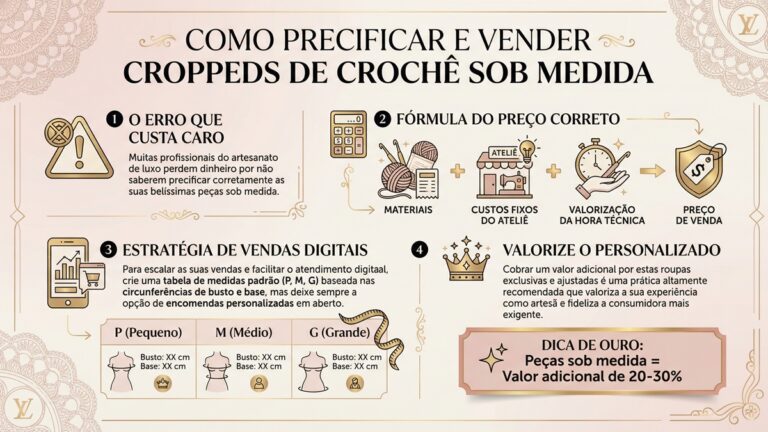 Infografico sobre precificacao e venda de croppeds de croche sob medida com formula de calculo e estrategias de vendas