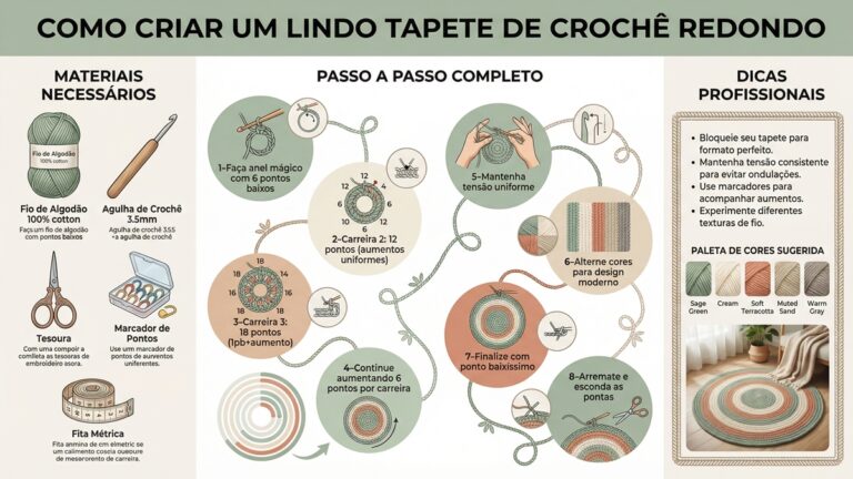Infografico horizontal completo em portugues com passo a passo detalhado para criar tapete de croche redondo