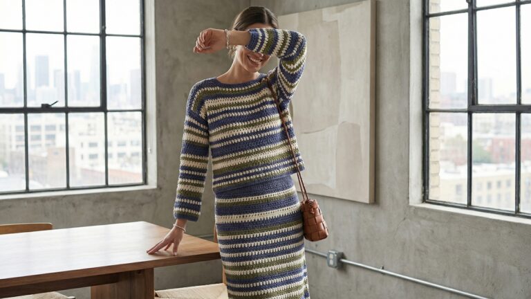 Mulher sorrindo usando conjunto coordenado de croche artesanal em ambiente elegante urbano com luz natural difusa