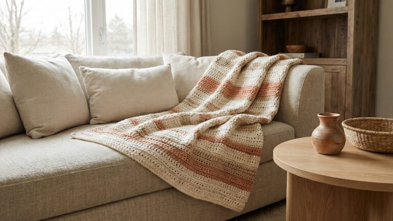 Sala de estar aconchegante com manta de croche artesanal sobre sofa neutro com almofadas e decoracao brasileira