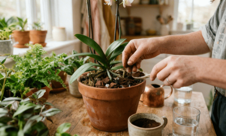 Aplicando borra de café seca em um vaso de orquídea