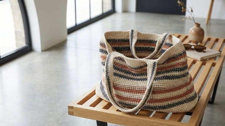 Maxi bolsa de croche artesanal tipo tote bag em tons neutros apoiada sobre banco de madeira em hall de entrada moderno com luz natural