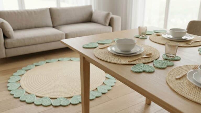 Mesa posta elegante com sousplats de croche creme e detalhes de coracao verde menta integrada a sala de estar com tapete artesanalMesa posta com sousplats de croche creme e coracoes verde menta, estilo romantico artesanal - Imagem gerada com inteligencia artificial, licenca paga e uso exclusivo para este conteudo.
