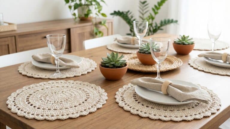 Mesa de jantar elegante com sousplats de croche artesanal em cor natural com pratos brancos e tacas de vidro