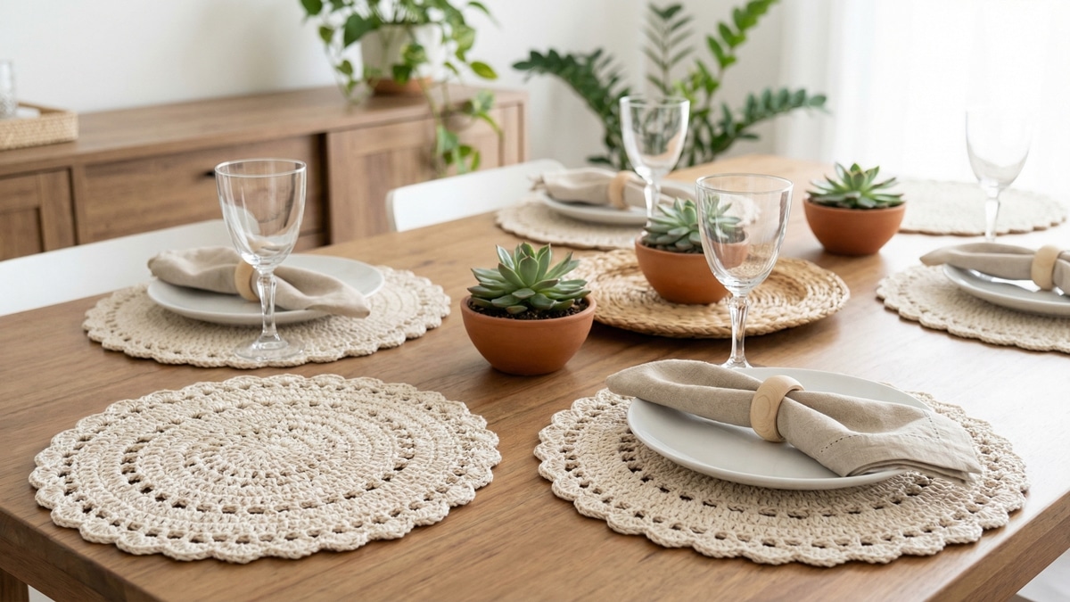 Mesa de jantar elegante com sousplats de croche artesanal em cor natural com pratos brancos e tacas de vidro