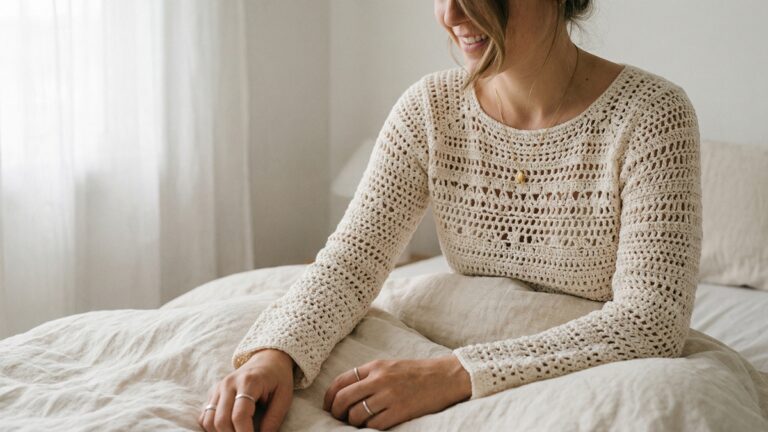 Mulher usando blusa de croche artesanal off-white em quarto feminino com decoracao minimalista e luz natural suave