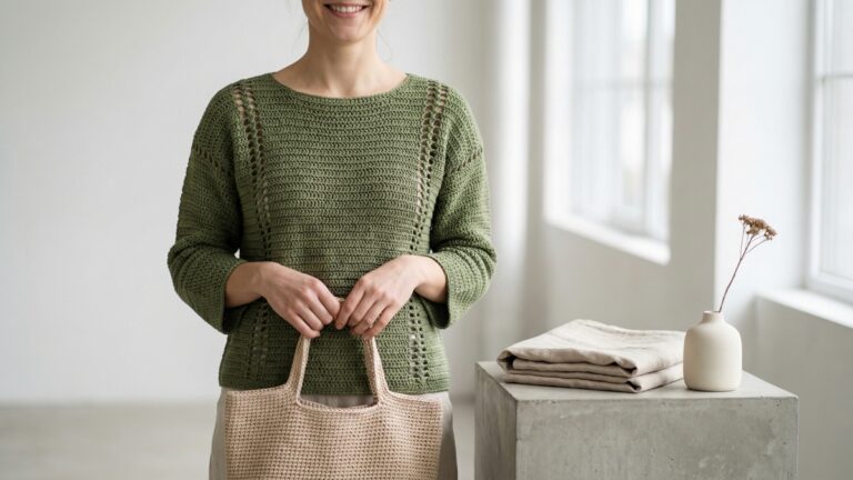 Mulher em estudio minimalista usando blusa de croche moderna verde musgo com bolsa artesanal e elementos decorativos