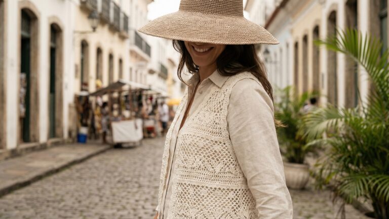 Mulher em ambiente urbano brasileiro usando colete de croche artesanal off-white com trama rendada delicada