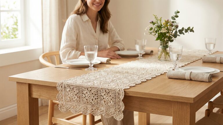 Mulher em sala de jantar com mesa decorada com caminho de mesa de croche bege claro e arranjo de flores naturais