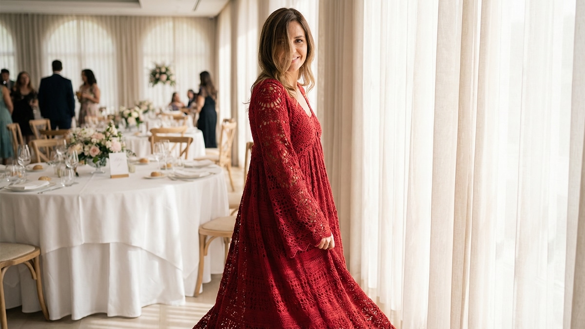 Mulher vestindo vestido longo de croche vermelho em ambiente sofisticado proximo a janela com luz natural
