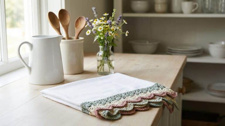 Cozinha acolhedora com pano de prato branco com barrado de croche elegante dobrado sobre bancada de madeira com utensilios e flores
