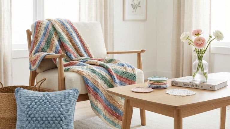 Pecas de croche artesanal em diferentes cores sobre mesa de madeira em sala de estar aconchegante com flores e livro decorativo